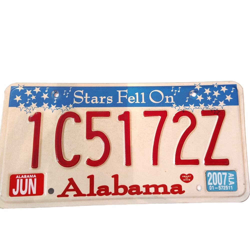 2007 Alabama "Stars Fell On" 1C5172Z Vintage License Plate - White & Red